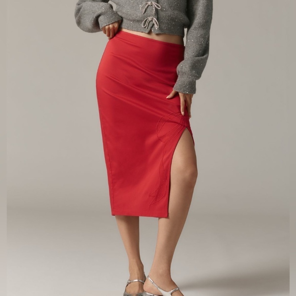 Anthropologie Maeve Red Bow Embroidered Midi Pencil Skirt Size M